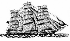 Tam armalı bir yelkenli gemi (sailing Ship), bütün direkleri üzerindeki