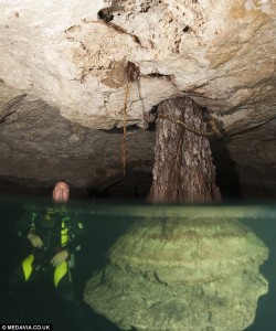 Deep underwater in southeast Mexico there is a sign which