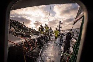 Leg 01, Alicante to Lisbon, day 02, on board Brunel. Photo by Martin Keruzore/Volvo Ocean Race. 24 October, 2017 downwind and cloudy sunrise