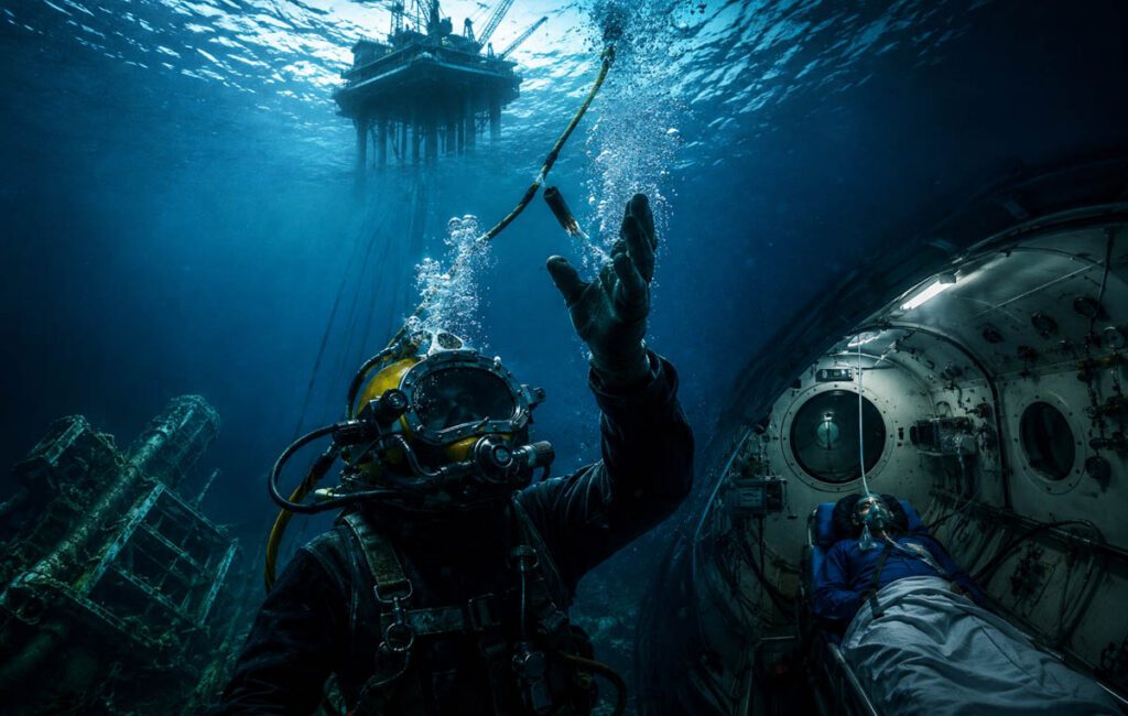 While recovering debris from a collapsed oil platform, commercial diver