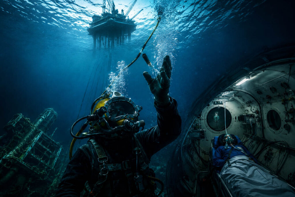 While recovering debris from a collapsed oil platform, commercial diver