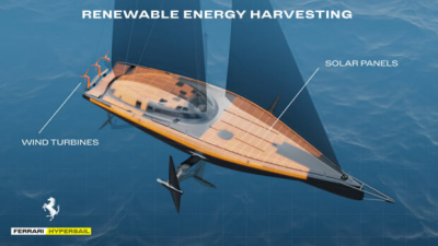 The foiling 100-foot monohull, known as the Ferrari Hypersail project,