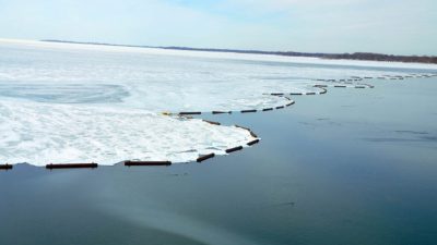 The ice boom controls ice accumulation in the Niagara River,