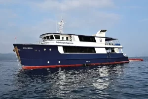 The Raja Ampat Aggressor Mark B Hatter jumps on board